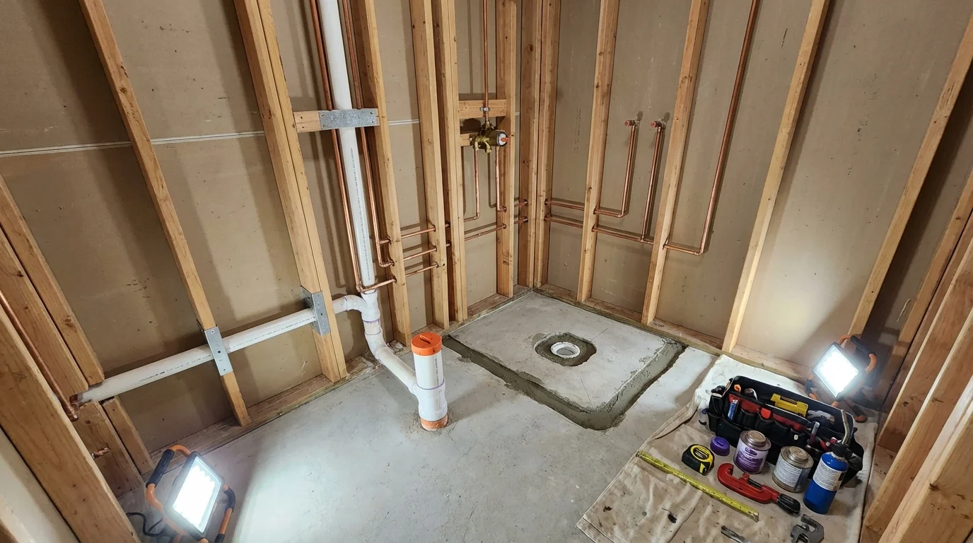 Bathroom rough-in plumbing during remodel by Johns Plumbing LLC in Le Center
