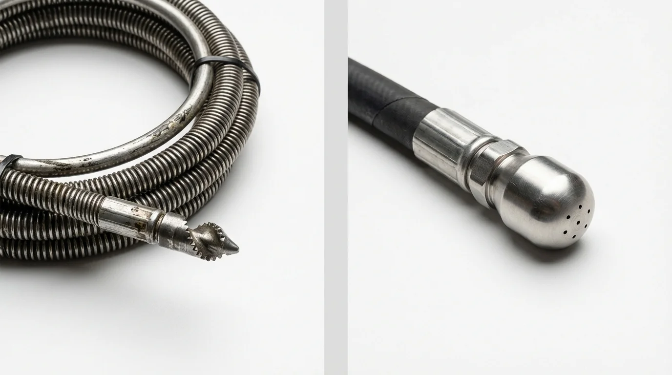 Drain snake cable and hydro jetting nozzle used for drain cleaning in Le Center, MN