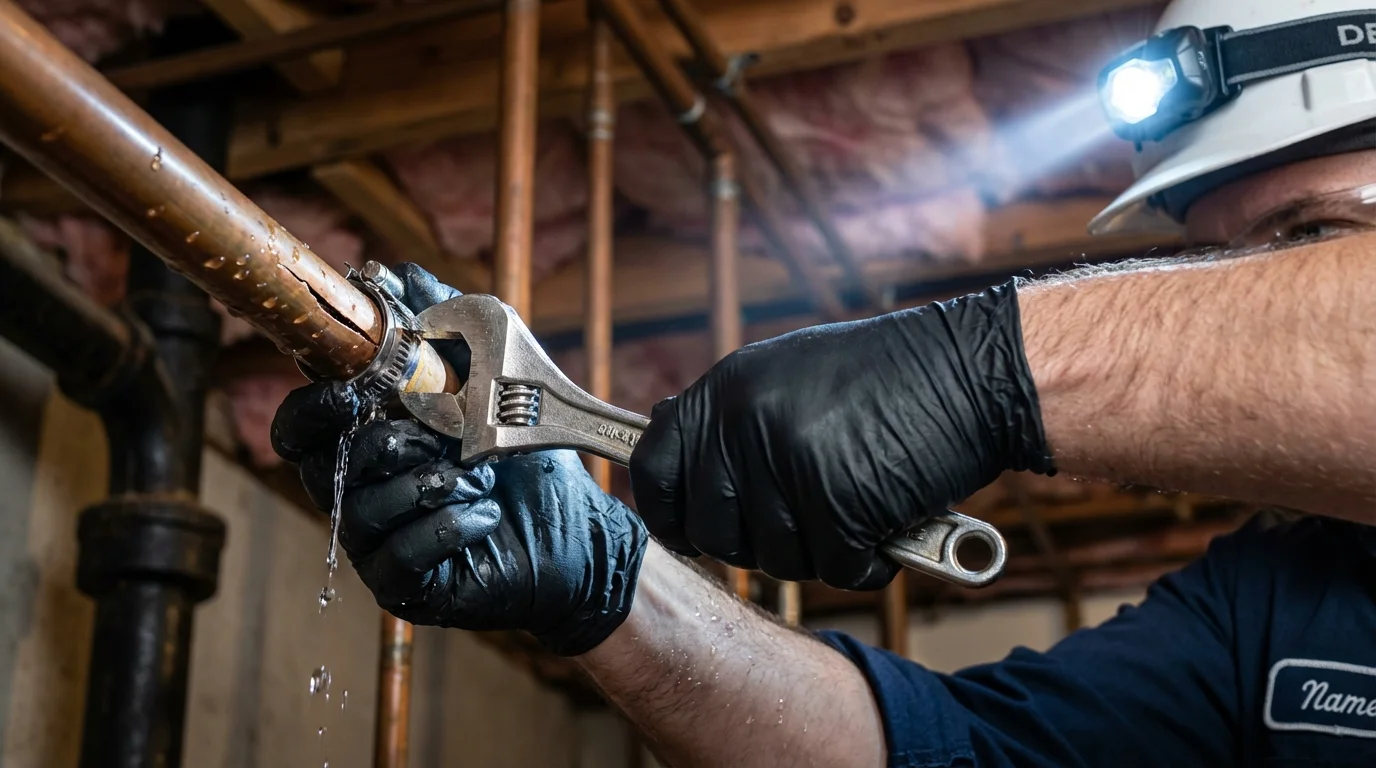 Emergency pipe clamp repair being performed by a Johns Plumbing LLC plumber in Le Center