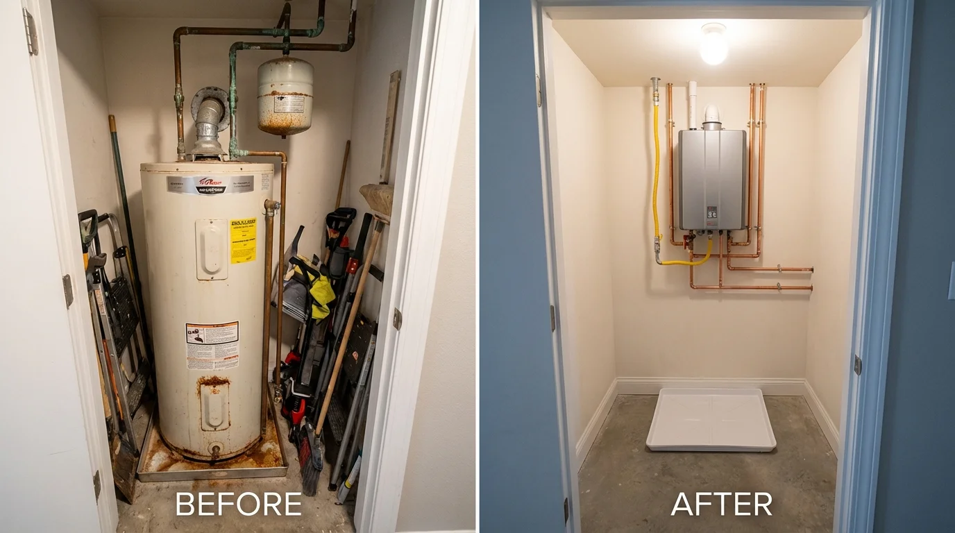 Tank water heater versus wall-mounted tankless unit comparison for Le Center, MN homeowners