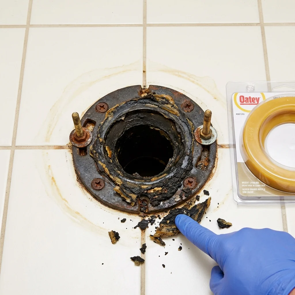 Failed wax ring showing water seepage at the base of a toilet in a Le Center, MN home