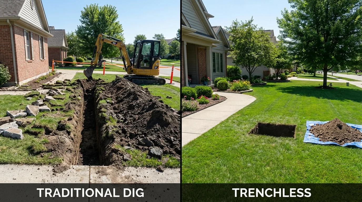 Trenchless sewer repair with minimal yard damage versus traditional excavation in Le Center, MN