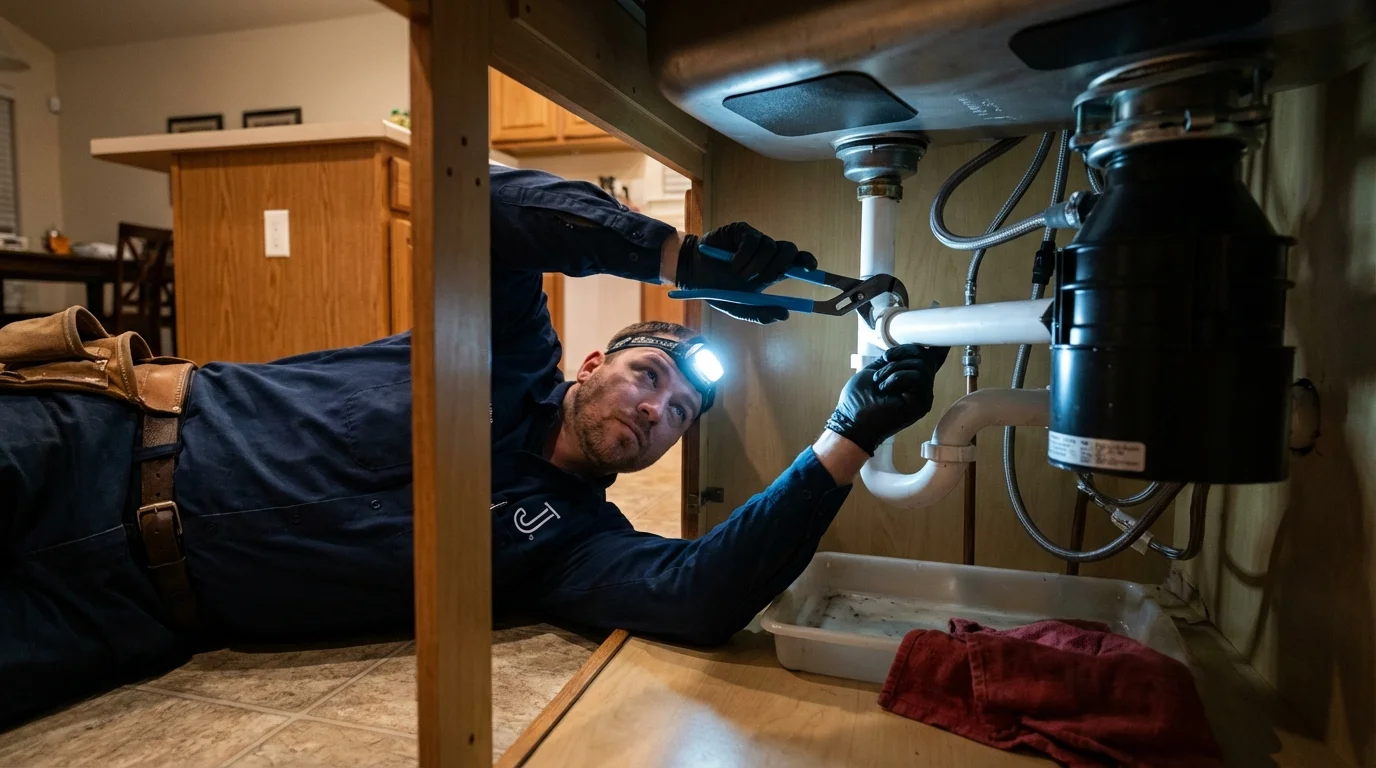 P-trap and supply line connections under a kitchen sink showing a common leak point in Le Center, MN